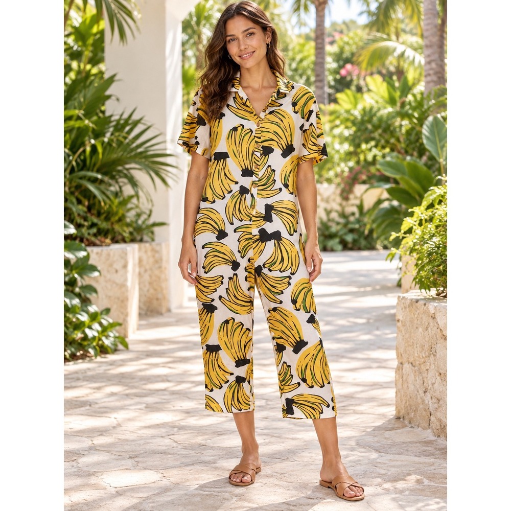 Farm Rio Bossa Cropped Banana Print Cotton Silk Jumpsuit Womens XS